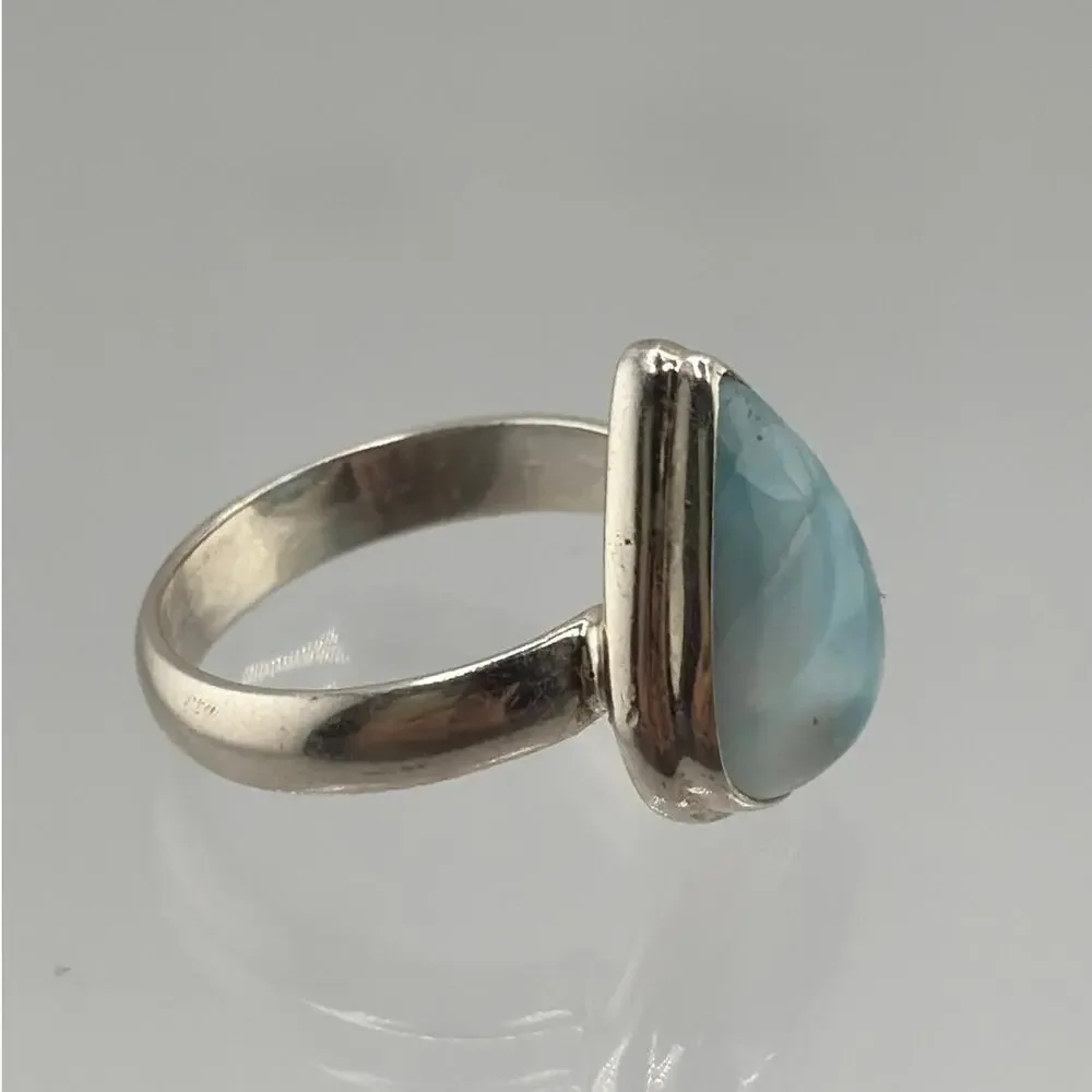 Pear Shaped Larimar Sterling Silver Ring Artisan Jewelry 8.5